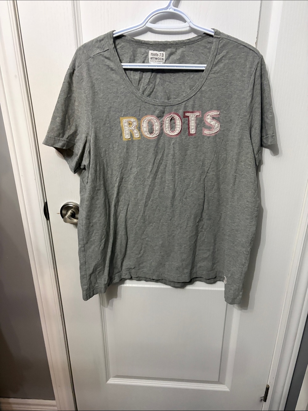 Roots Women's Short Sleeve Scoop Tee in Gray with Multicolor Lettering